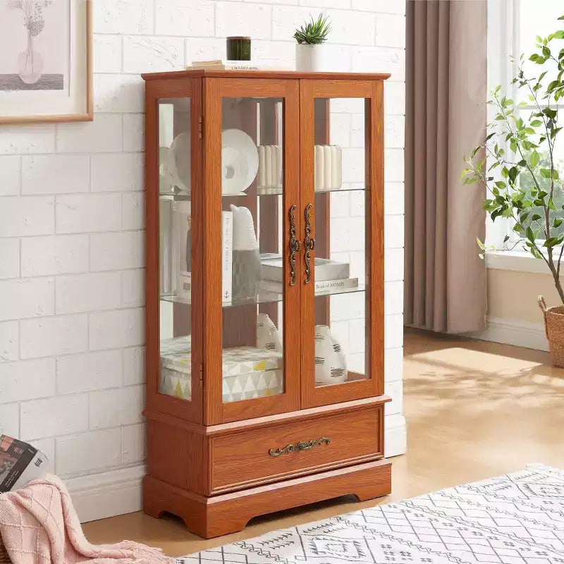 Okak Display Cabinet, Storage Cabinet with 2 Glass Doors and 1 Drawers, Freestanding Cabinet for Living Room, Hallway, Office