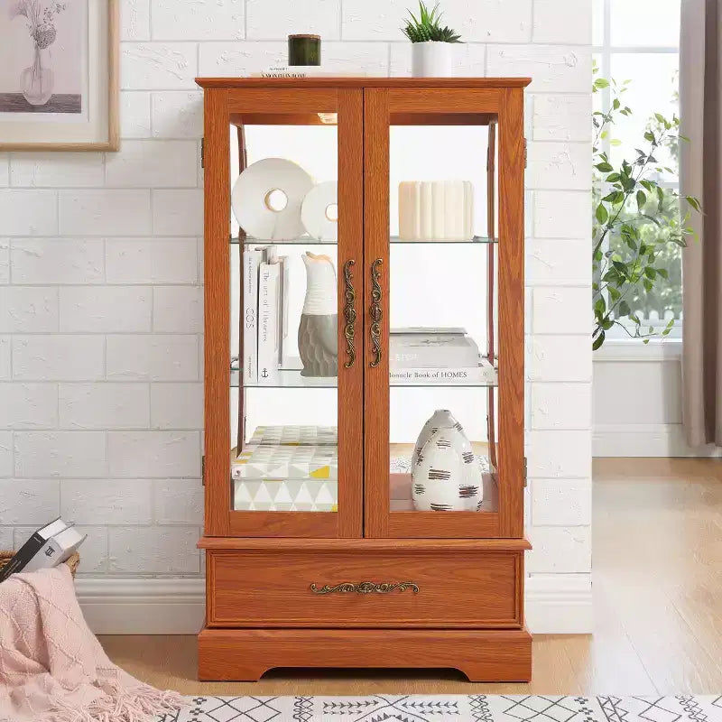 Okak Display Cabinet, Storage Cabinet with 2 Glass Doors and 1 Drawers, Freestanding Cabinet for Living Room, Hallway, Office