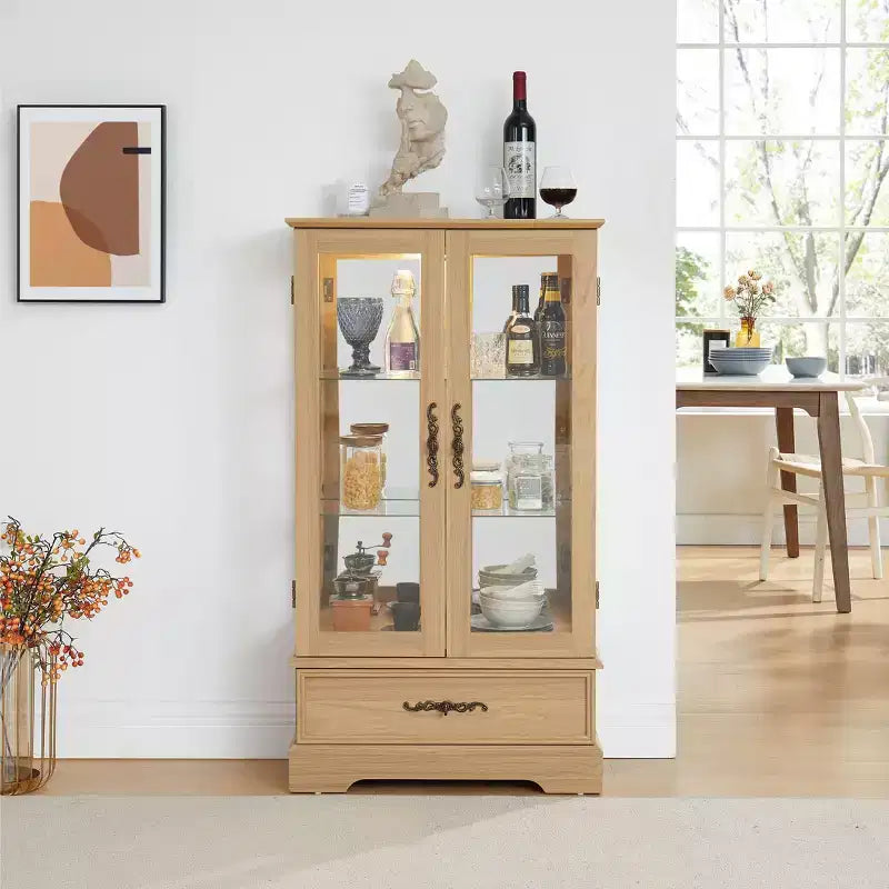 Okak Display Cabinet, Storage Cabinet with 2 Glass Doors and 1 Drawers, Freestanding Cabinet for Living Room, Hallway, Office