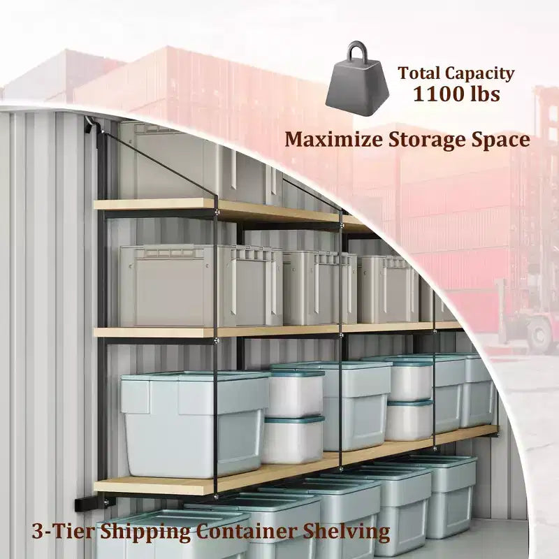 2 Pack Shipping Container Shelving Brackets 3-Tier,1100LBS, Hang & Hook Type, Cargo Containers Storage Shelves, Easy to Install Removable, Heavy-Duty