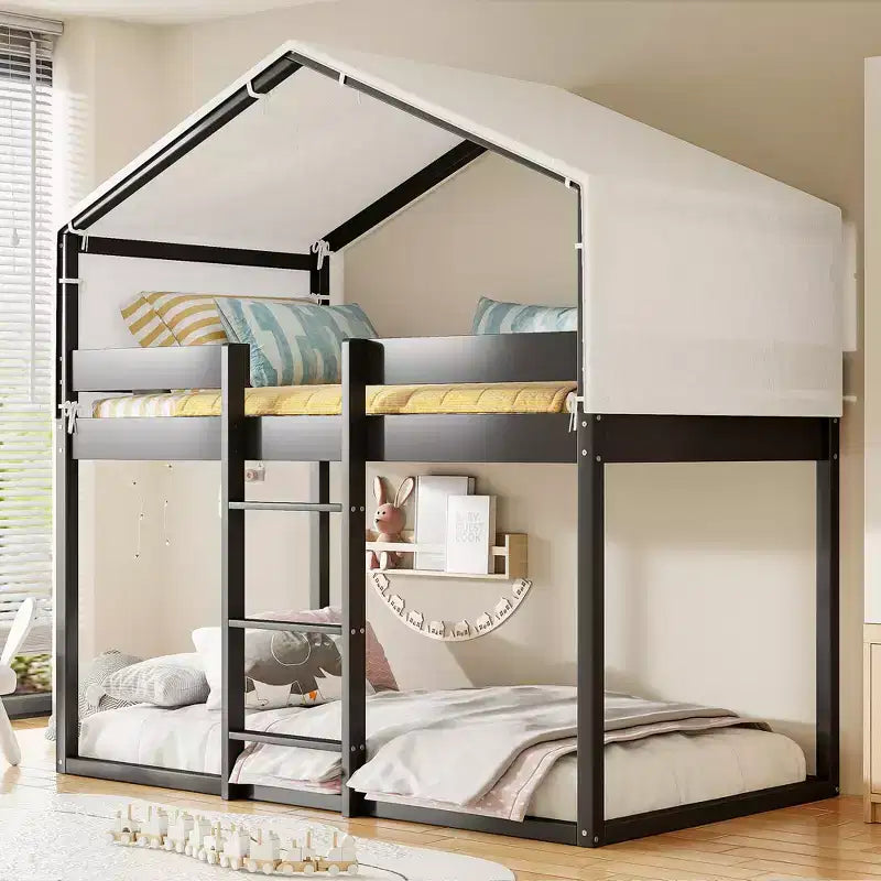 Bellemave Twin Over Twin House Bunk Bed with Ladder, Tent and Guardrails, Black