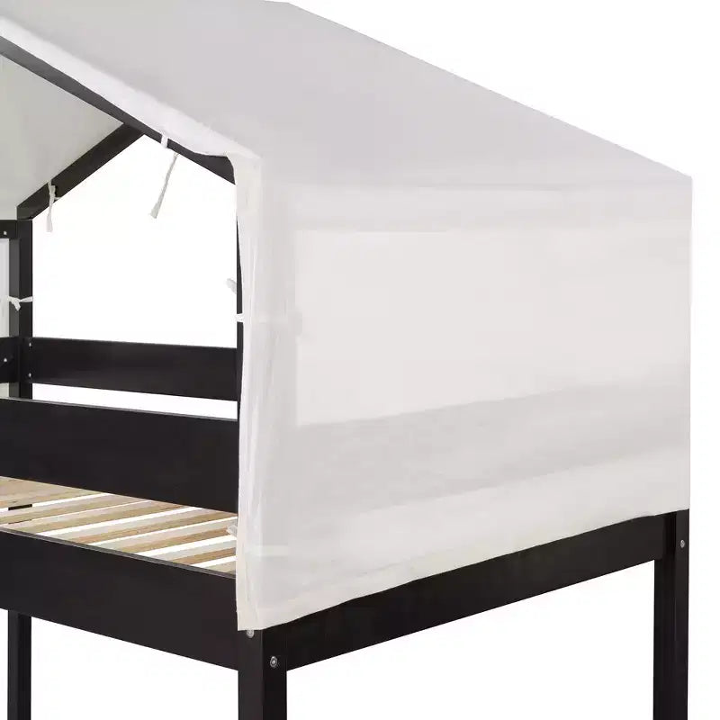 Bellemave Twin Over Twin House Bunk Bed with Ladder, Tent and Guardrails, Black
