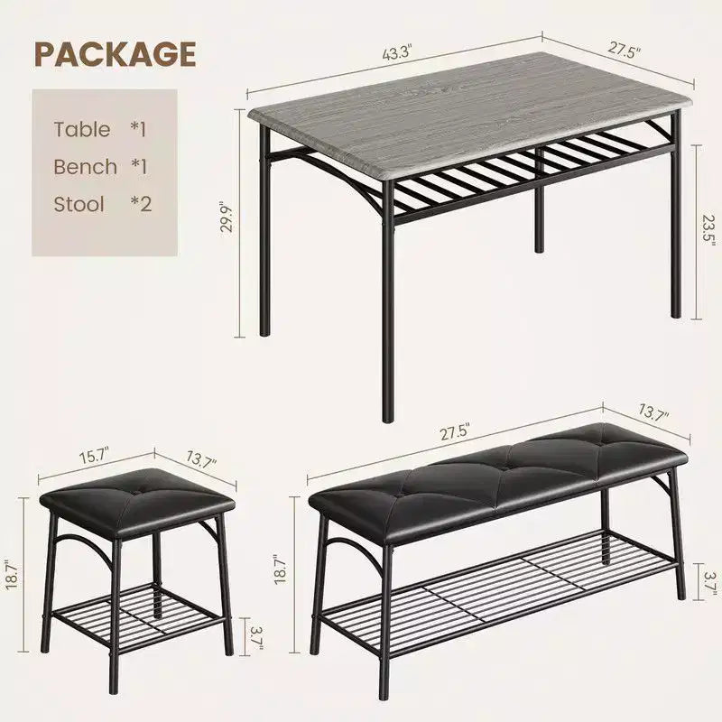 Coolmee Square Dining Table Set for 4, Wood Tabletop Kitchen Table with 2 Upholstered Chairs and a Bench, Rustic Dinner Table Set with Storage