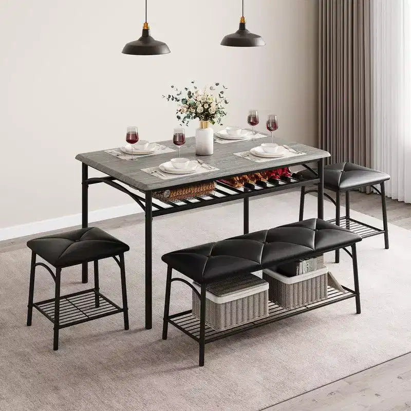 Coolmee Square Dining Table Set for 4, Wood Tabletop Kitchen Table with 2 Upholstered Chairs and a Bench, Rustic Dinner Table Set with Storage