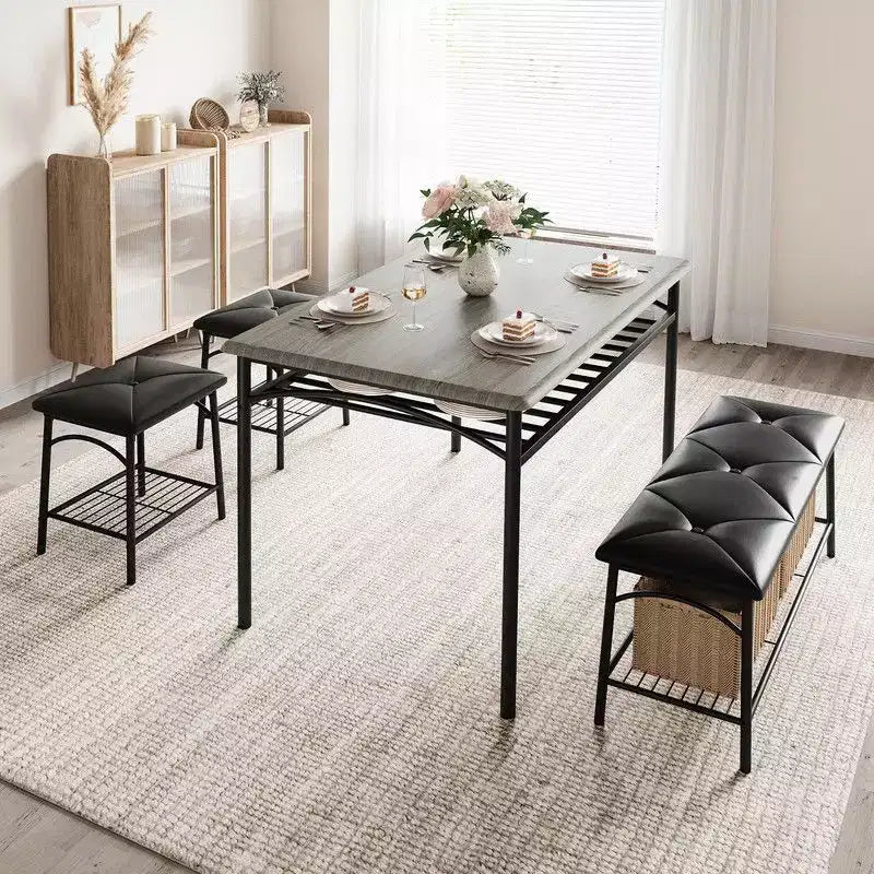 Coolmee Square Dining Table Set for 4, Wood Tabletop Kitchen Table with 2 Upholstered Chairs and a Bench, Rustic Dinner Table Set with Storage