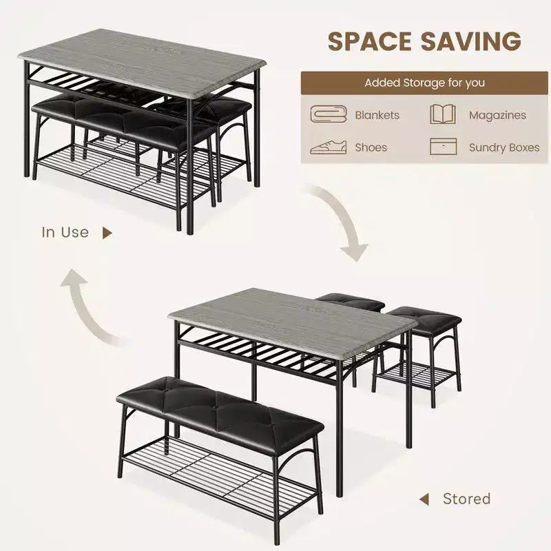 Coolmee Square Dining Table Set for 4, Wood Tabletop Kitchen Table with 2 Upholstered Chairs and a Bench, Rustic Dinner Table Set with Storage