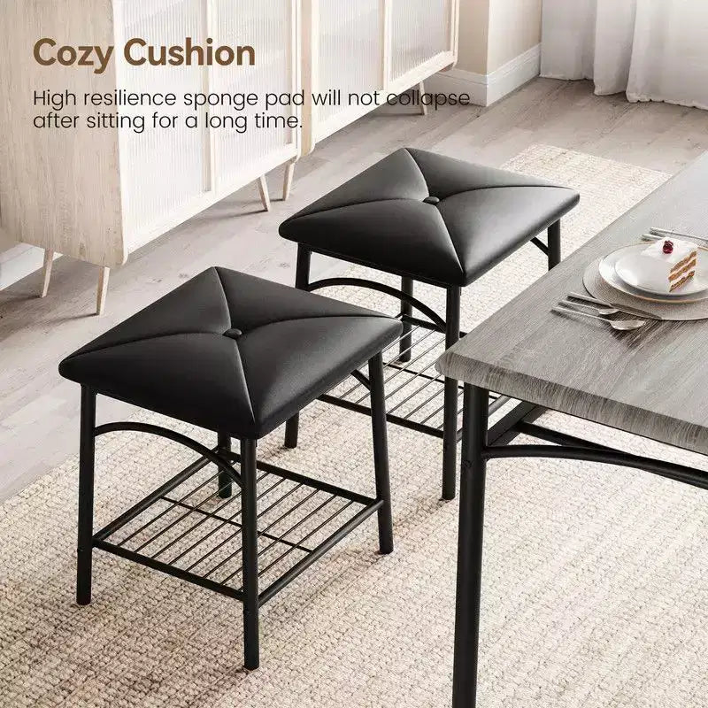 Coolmee Square Dining Table Set for 4, Wood Tabletop Kitchen Table with 2 Upholstered Chairs and a Bench, Rustic Dinner Table Set with Storage