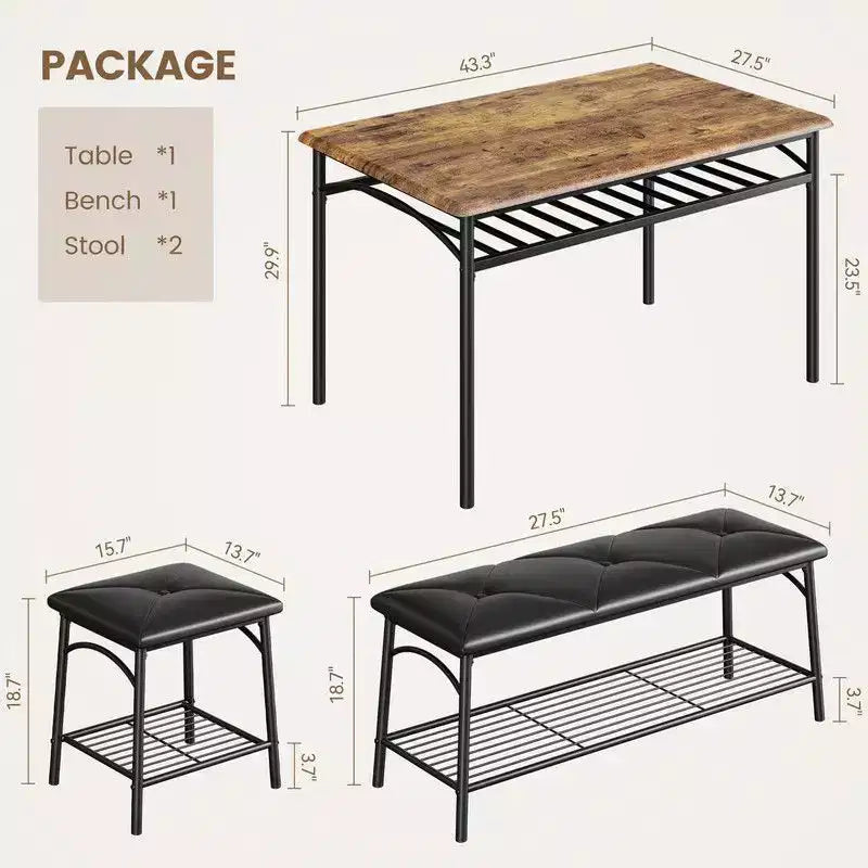 Coolmee Square Dining Table Set for 4, Wood Tabletop Kitchen Table with 2 Upholstered Chairs and a Bench, Rustic Dinner Table Set with Storage