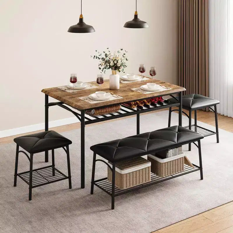 Coolmee Square Dining Table Set for 4, Wood Tabletop Kitchen Table with 2 Upholstered Chairs and a Bench, Rustic Dinner Table Set with Storage