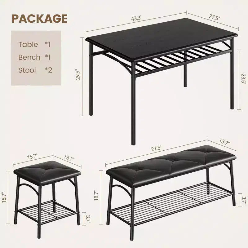 Coolmee Square Dining Table Set for 4, Wood Tabletop Kitchen Table with 2 Upholstered Chairs and a Bench, Rustic Dinner Table Set with Storage
