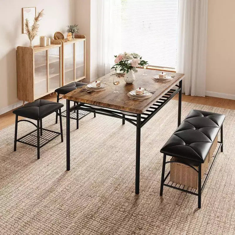 Coolmee Square Dining Table Set for 4, Wood Tabletop Kitchen Table with 2 Upholstered Chairs and a Bench, Rustic Dinner Table Set with Storage