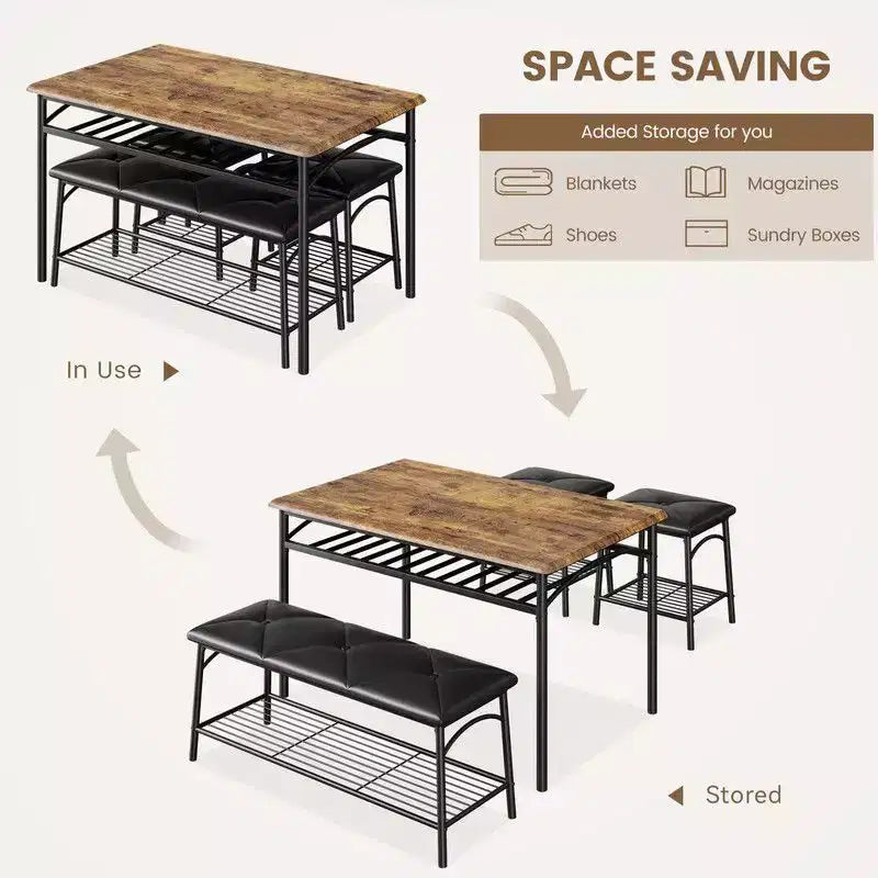 Coolmee Square Dining Table Set for 4, Wood Tabletop Kitchen Table with 2 Upholstered Chairs and a Bench, Rustic Dinner Table Set with Storage