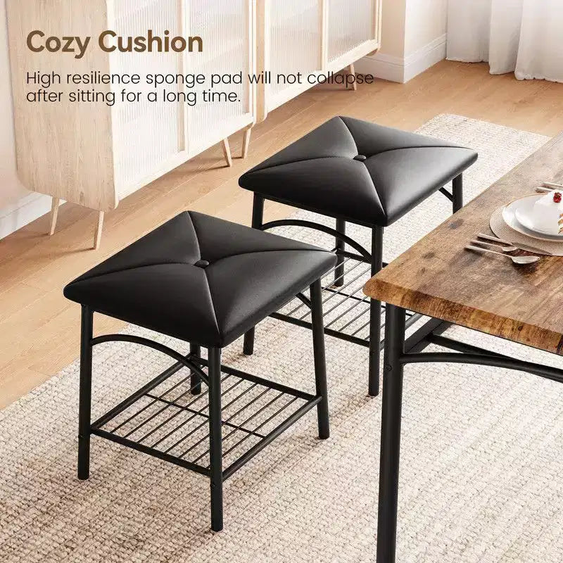 Coolmee Square Dining Table Set for 4, Wood Tabletop Kitchen Table with 2 Upholstered Chairs and a Bench, Rustic Dinner Table Set with Storage