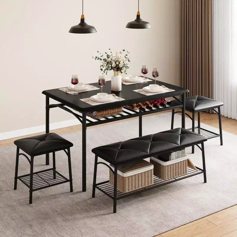 Coolmee Square Dining Table Set for 4, Wood Tabletop Kitchen Table with 2 Upholstered Chairs and a Bench, Rustic Dinner Table Set with Storage