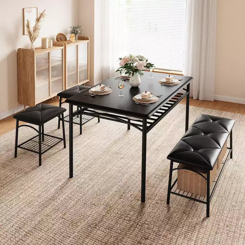 Coolmee Square Dining Table Set for 4, Wood Tabletop Kitchen Table with 2 Upholstered Chairs and a Bench, Rustic Dinner Table Set with Storage