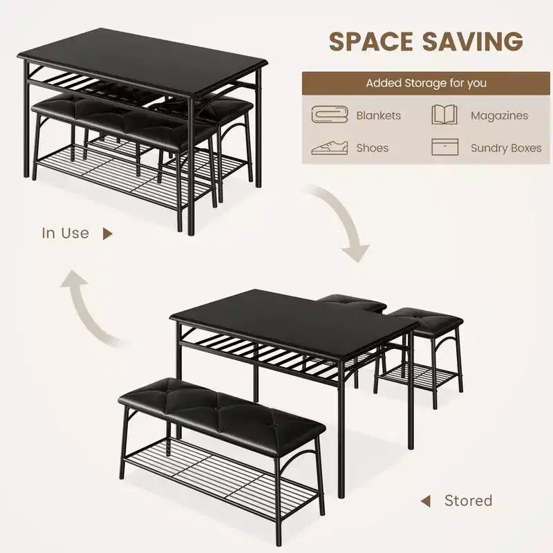 Coolmee Square Dining Table Set for 4, Wood Tabletop Kitchen Table with 2 Upholstered Chairs and a Bench, Rustic Dinner Table Set with Storage