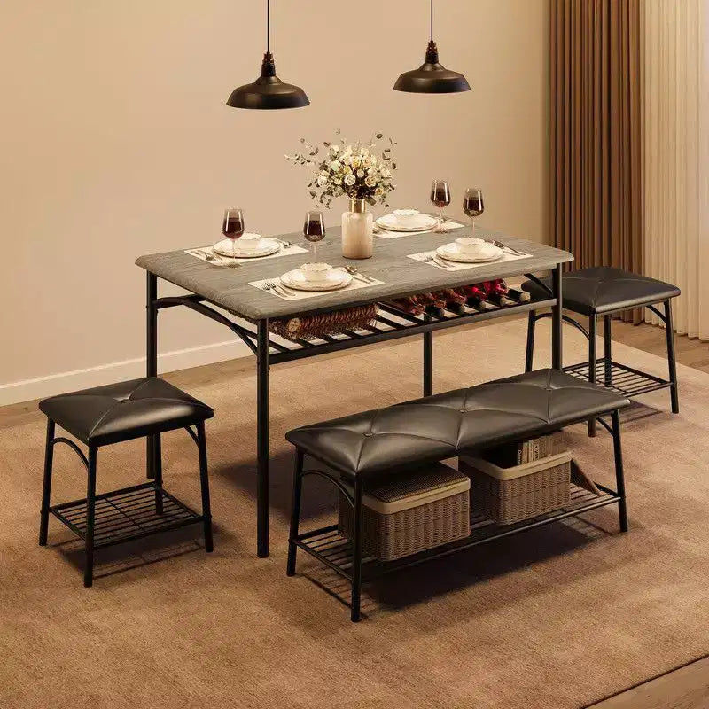 Coolmee Square Dining Table Set for 4, Wood Tabletop Kitchen Table with 2 Upholstered Chairs and a Bench, Rustic Dinner Table Set with Storage