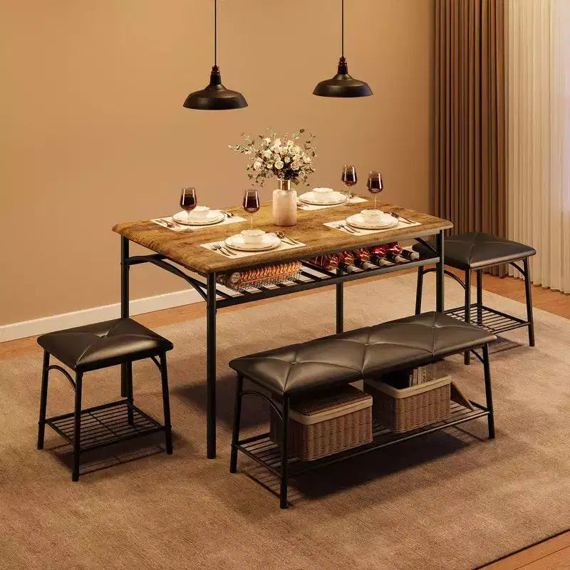 Coolmee Square Dining Table Set for 4, Wood Tabletop Kitchen Table with 2 Upholstered Chairs and a Bench, Rustic Dinner Table Set with Storage