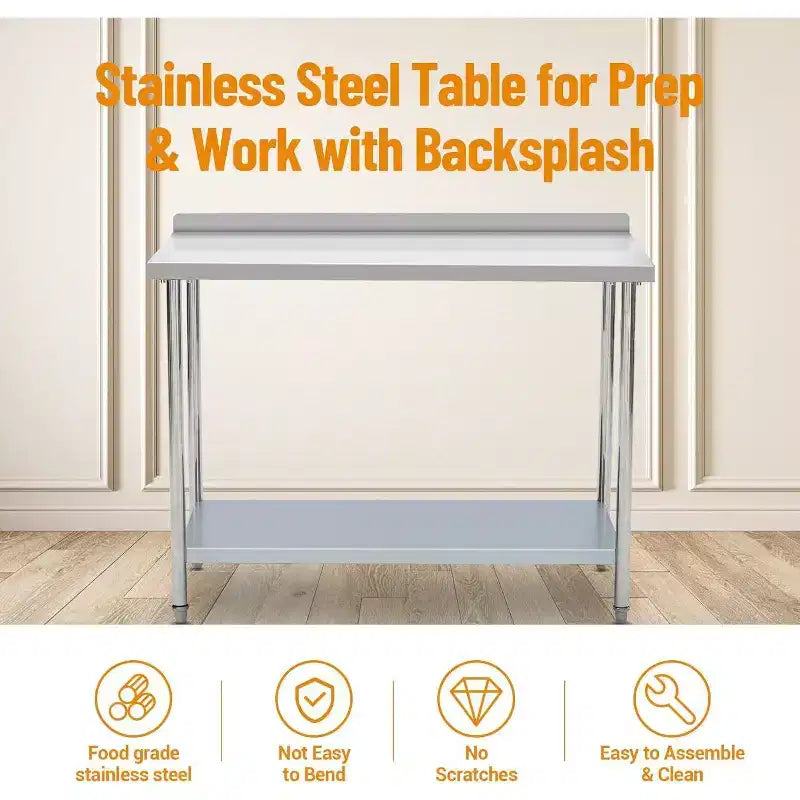 Acekool 32x24 Inch Stainless Steel Prep Table with Storage Shelf, Easy-Clean Surface, and Quick Assembly for Kitchen, Bakery, or Food Truck