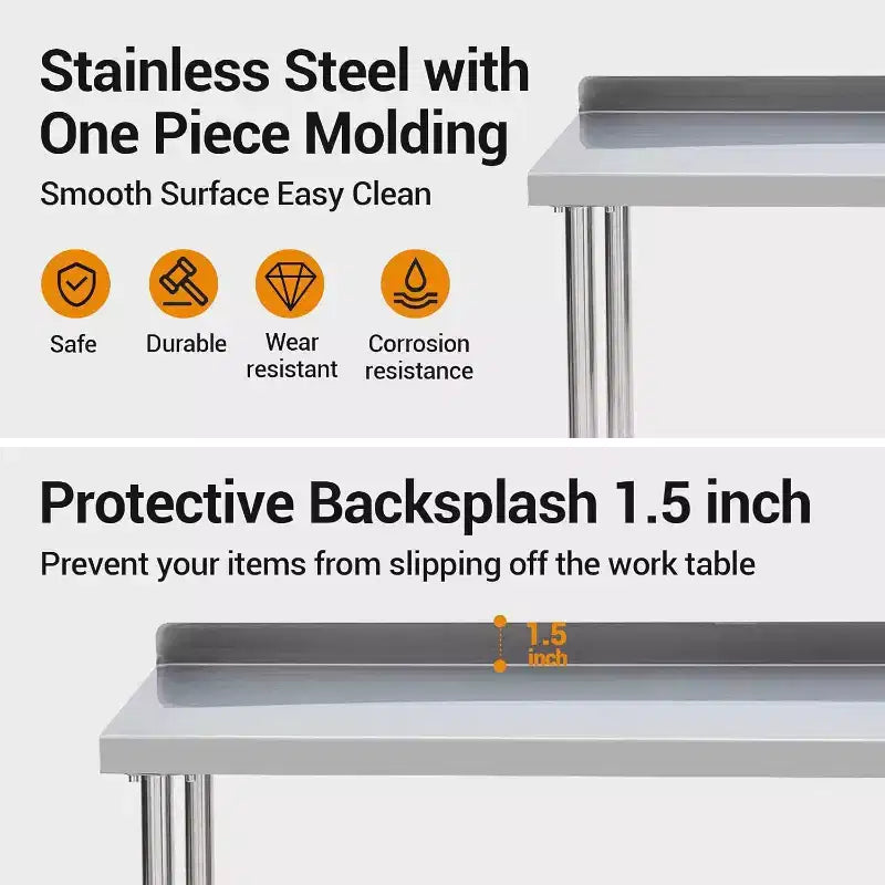 Acekool 32x24 Inch Stainless Steel Prep Table with Storage Shelf, Easy-Clean Surface, and Quick Assembly for Kitchen, Bakery, or Food Truck