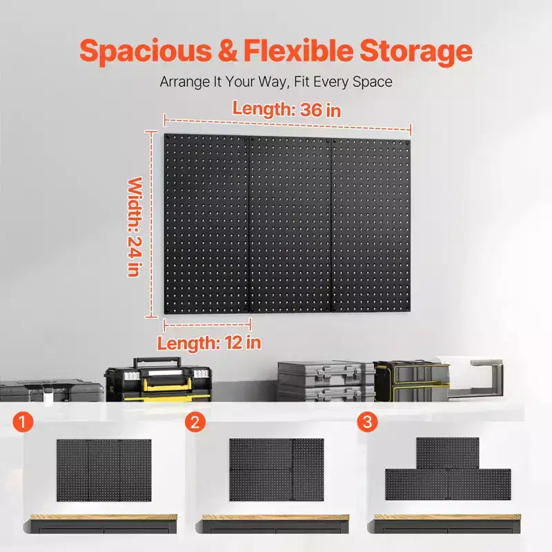 VEVOR Metal Pegboard Panels, 24 x 12 Pegboard, 3 Panels, Heavy Duty Steel Peg Board Wall Organizer, Black