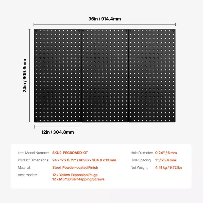 VEVOR Metal Pegboard Panels, 24 x 12 Pegboard, 3 Panels, Heavy Duty Steel Peg Board Wall Organizer, Black