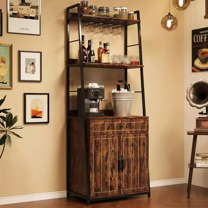 COZONY 71 Bakers Rack with Drawer & Cabinet, 5-Tier Microwave Stand with Glass Holder, Tall Industrial Kitchen Coffee Bar, Vintage