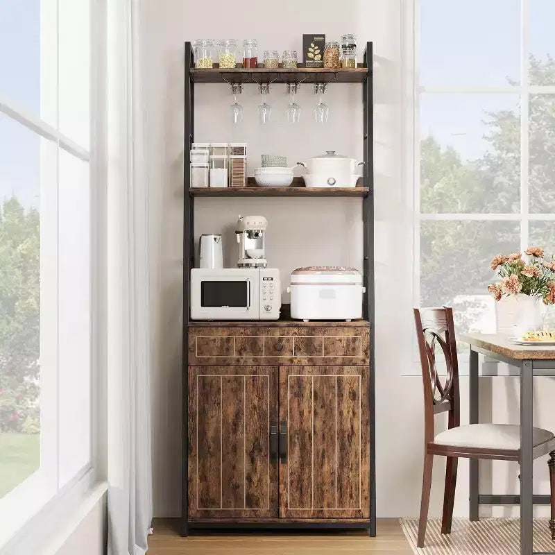 COZONY 71 Bakers Rack with Drawer & Cabinet, 5-Tier Microwave Stand with Glass Holder, Tall Industrial Kitchen Coffee Bar, Vintage