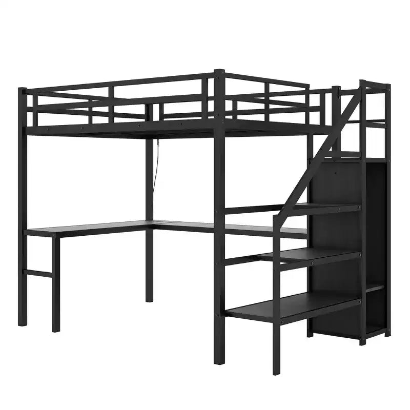 Bellemave Full XL Size Loft Bed with L-shaped Desk and USB, with Wardrobe and Adjustable Shelf, High Loft Bed with LED for Kids Teens Adults, Black