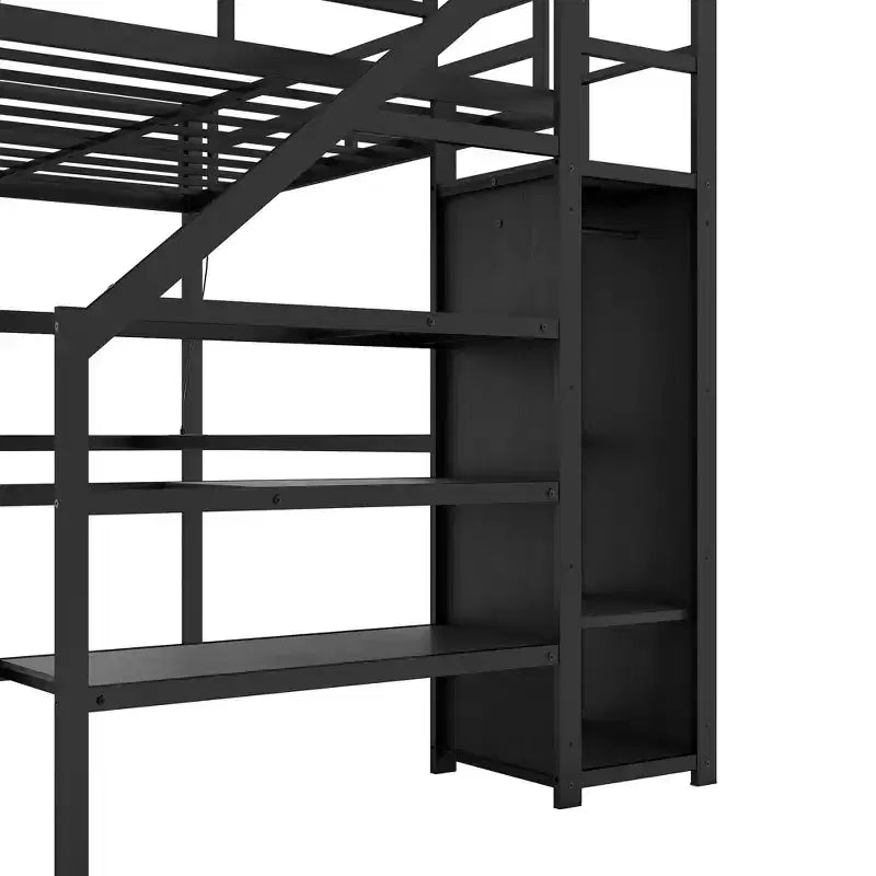 Bellemave Full XL Size Loft Bed with L-shaped Desk and USB, with Wardrobe and Adjustable Shelf, High Loft Bed with LED for Kids Teens Adults, Black