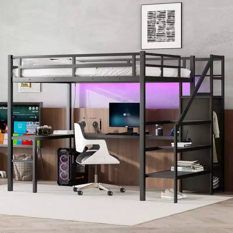 Bellemave Full XL Size Loft Bed with L-shaped Desk and USB, with Wardrobe and Adjustable Shelf, High Loft Bed with LED for Kids Teens Adults, Black