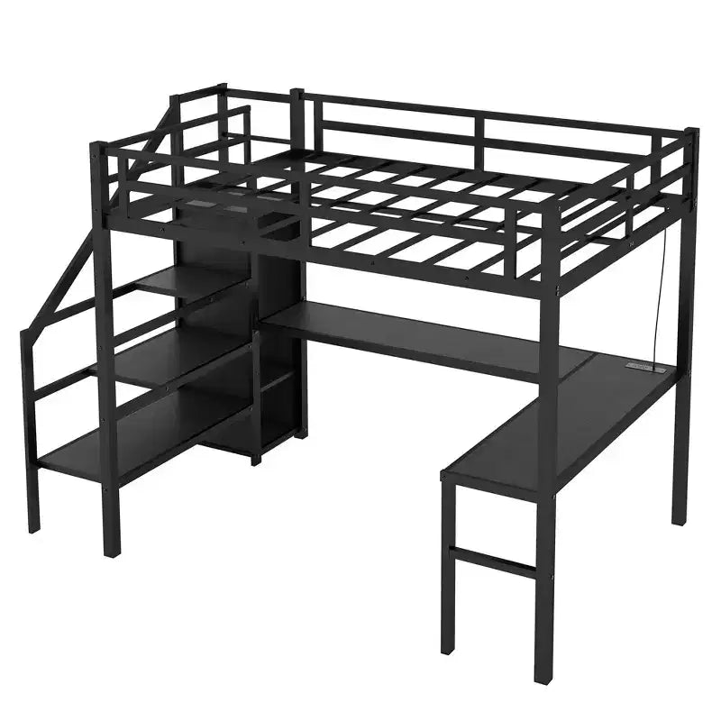 Bellemave Full XL Size Loft Bed with L-shaped Desk and USB, with Wardrobe and Adjustable Shelf, High Loft Bed with LED for Kids Teens Adults, Black