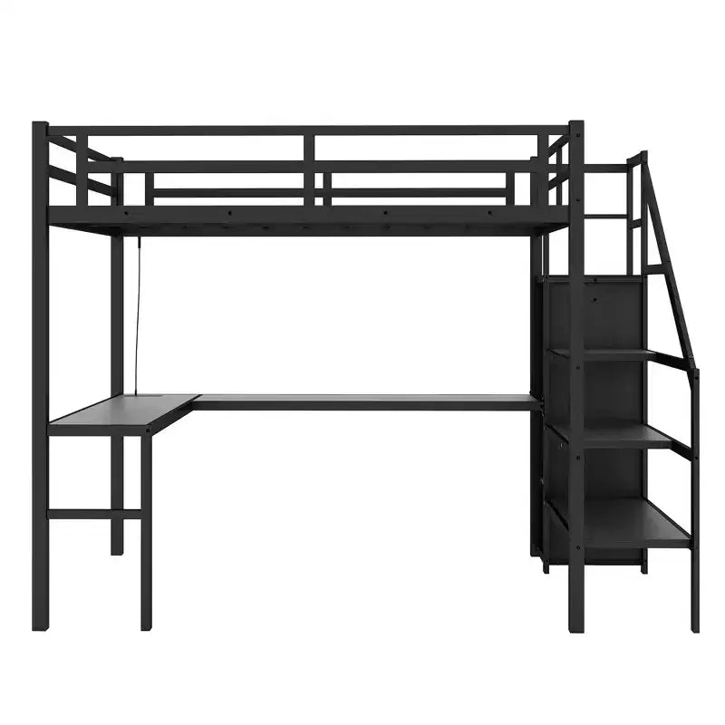Bellemave Full XL Size Loft Bed with L-shaped Desk and USB, with Wardrobe and Adjustable Shelf, High Loft Bed with LED for Kids Teens Adults, Black