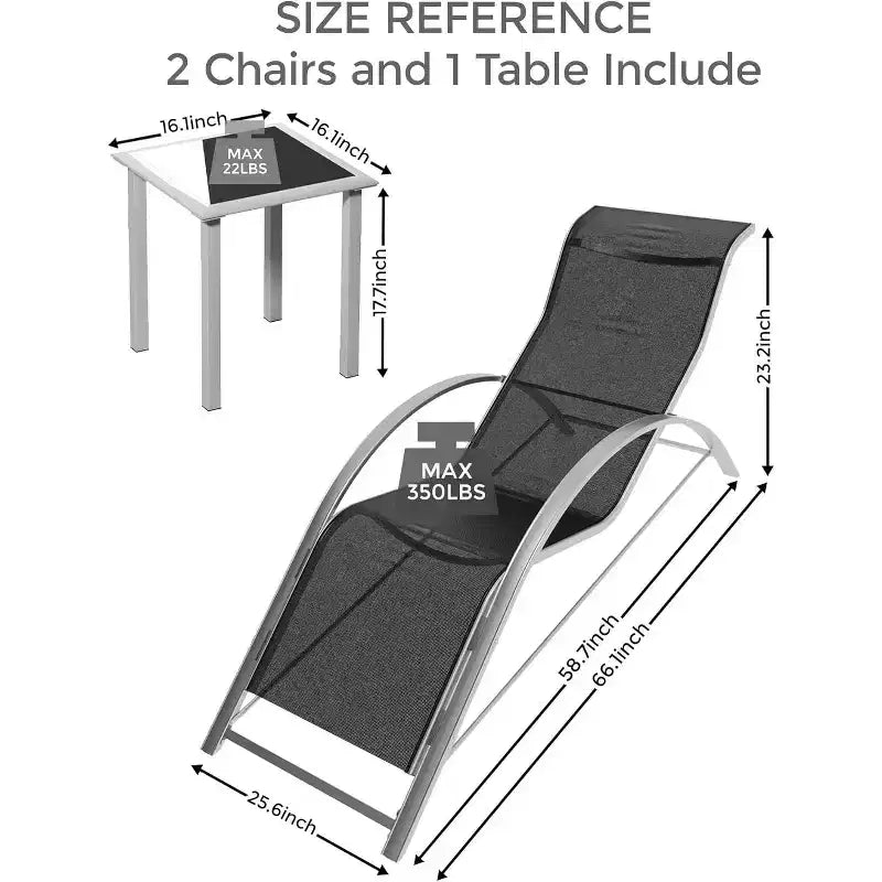 3Pcs Outdoor Patio Chaise Lounge Chair, Beach Sunbathing Lawn Lounger Recliner Chair with Arm & Side Table for Poolside, Deck, Balcony, Backyard