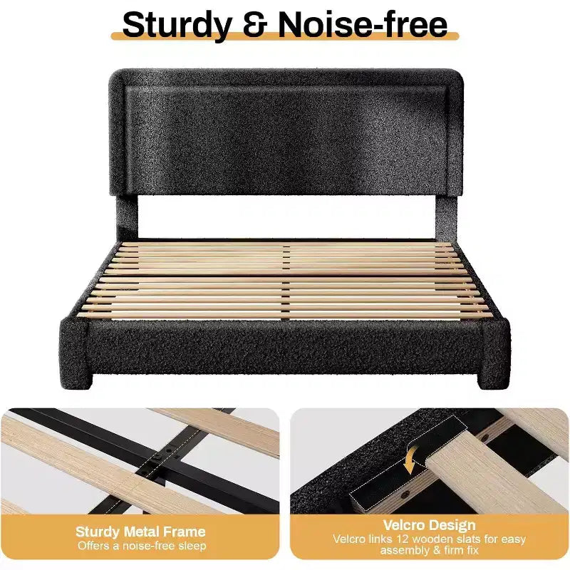 Dyonery Boucle Bed Frame,Upholstered Teddy Fabric Bed Frame with Headboard, Soft Rounded Corners, Adjustable Headboard, Easy Assembly