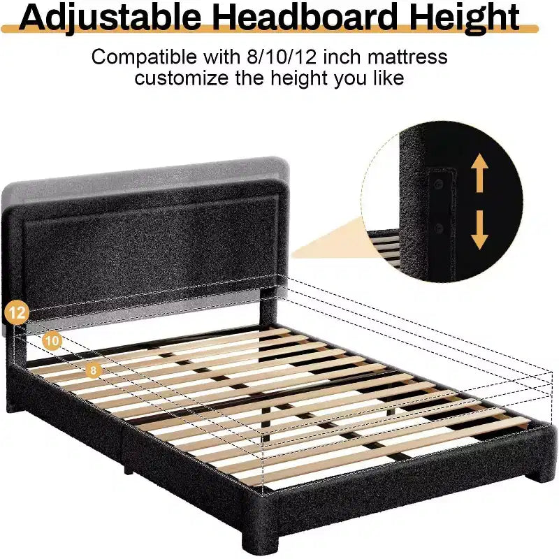 Dyonery Boucle Bed Frame,Upholstered Teddy Fabric Bed Frame with Headboard, Soft Rounded Corners, Adjustable Headboard, Easy Assembly