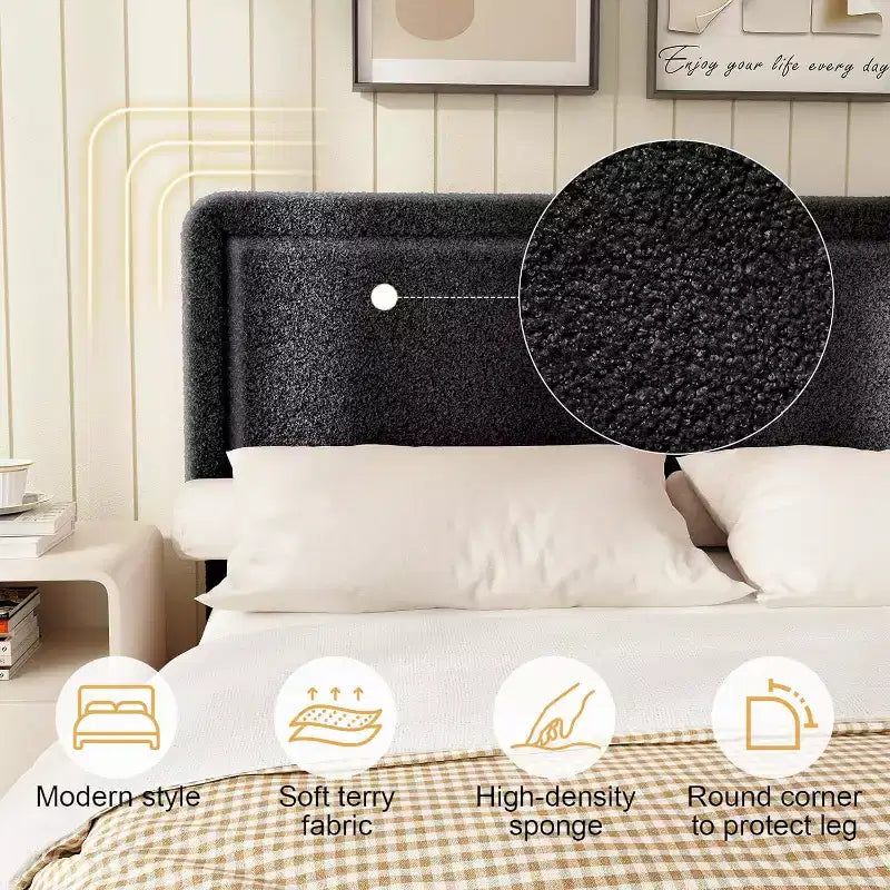 Dyonery Boucle Bed Frame,Upholstered Teddy Fabric Bed Frame with Headboard, Soft Rounded Corners, Adjustable Headboard, Easy Assembly