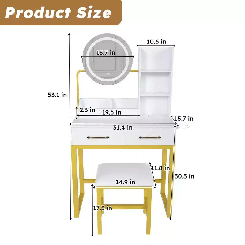 Okak Modern Vanity Table with Round Mirror & LED Lights,Storage Dressing Desk with Chair & Power Outlet,Makeup Table Set for Bedrooms