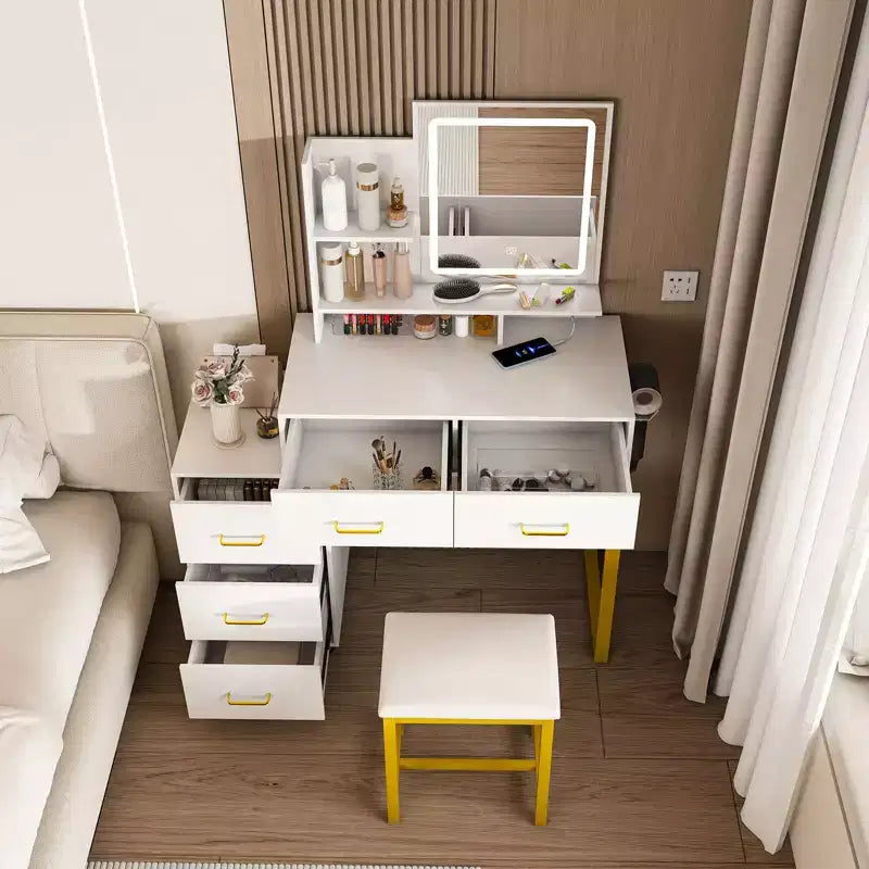 Okak Modern Vanity Table with Round Mirror & LED Lights,Storage Dressing Desk with Chair & Power Outlet,Makeup Table Set for Bedrooms