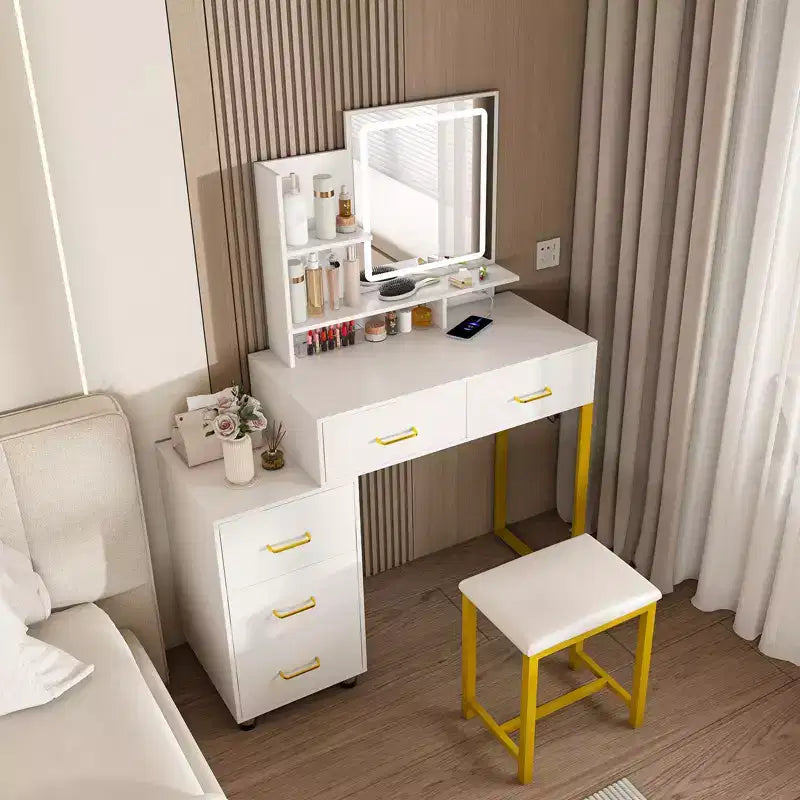Okak Modern Vanity Table with Round Mirror & LED Lights,Storage Dressing Desk with Chair & Power Outlet,Makeup Table Set for Bedrooms