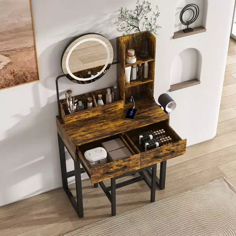 Okak Modern Vanity Table with Round Mirror & LED Lights,Storage Dressing Desk with Chair & Power Outlet,Makeup Table Set for Bedrooms