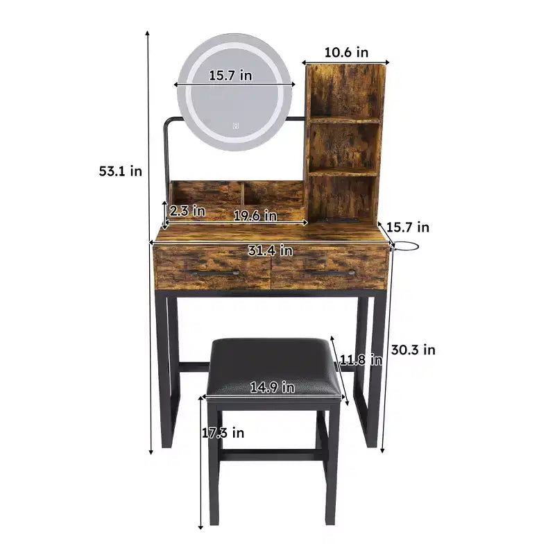 Okak Modern Vanity Table with Round Mirror & LED Lights,Storage Dressing Desk with Chair & Power Outlet,Makeup Table Set for Bedrooms