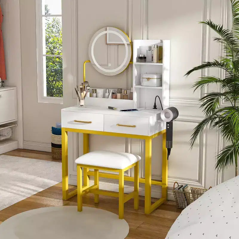 Okak Modern Vanity Table with Round Mirror & LED Lights,Storage Dressing Desk with Chair & Power Outlet,Makeup Table Set for Bedrooms
