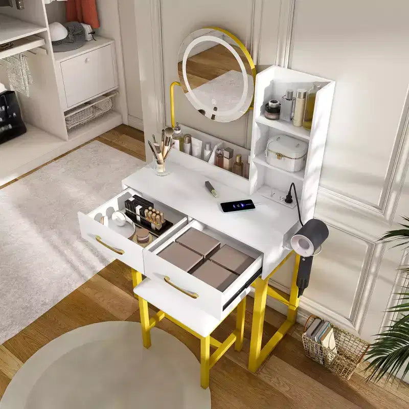 Okak Modern Vanity Table with Round Mirror & LED Lights,Storage Dressing Desk with Chair & Power Outlet,Makeup Table Set for Bedrooms