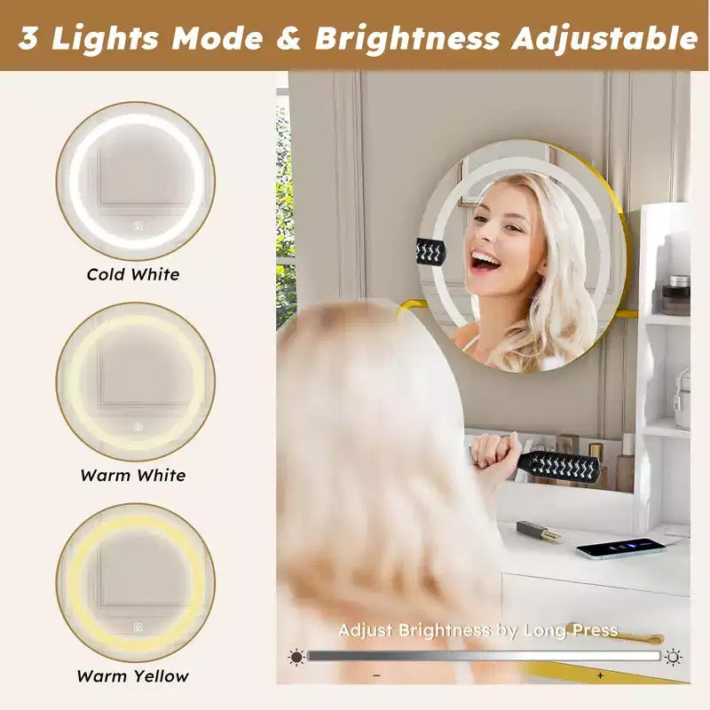 Okak Modern Vanity Table with Round Mirror & LED Lights,Storage Dressing Desk with Chair & Power Outlet,Makeup Table Set for Bedrooms