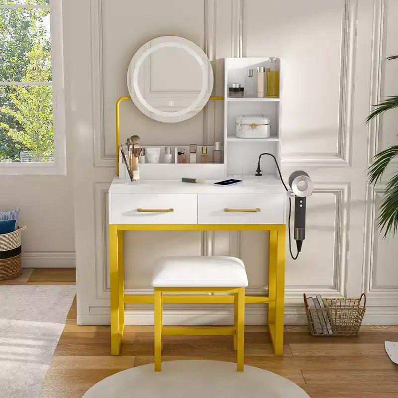 Okak Modern Vanity Table with Round Mirror & LED Lights,Storage Dressing Desk with Chair & Power Outlet,Makeup Table Set for Bedrooms