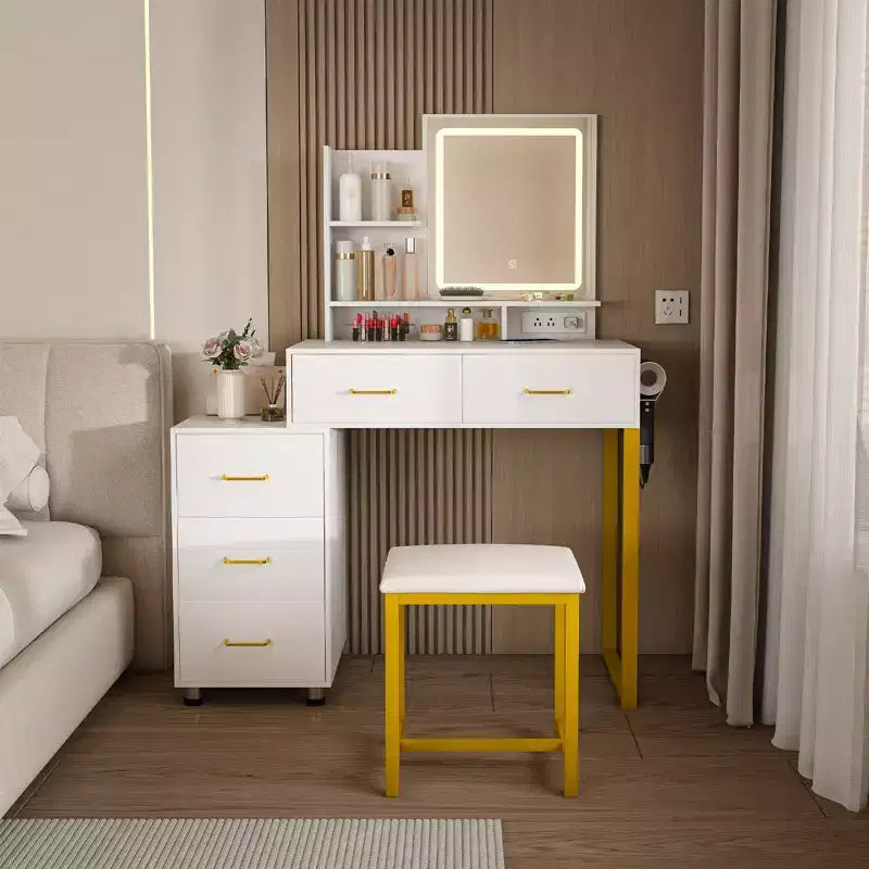 Okak Modern Vanity Table with Round Mirror & LED Lights,Storage Dressing Desk with Chair & Power Outlet,Makeup Table Set for Bedrooms