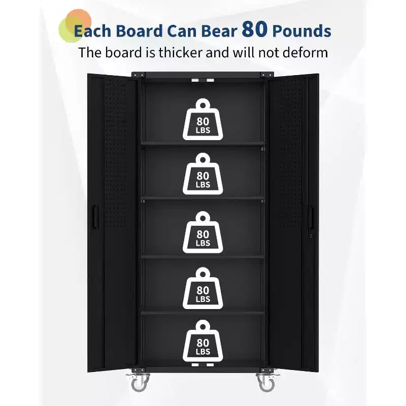 Metal Storage Cabinet with Wheels, Lockable Steel Garage Cabinet with Pegboard & 4 Adjustable Shelves, Deep Black