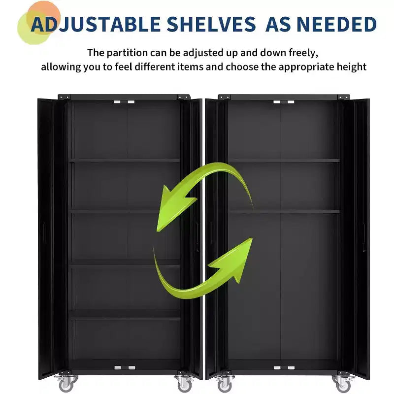 Metal Storage Cabinet with Wheels, Lockable Steel Garage Cabinet with Pegboard & 4 Adjustable Shelves, Deep Black