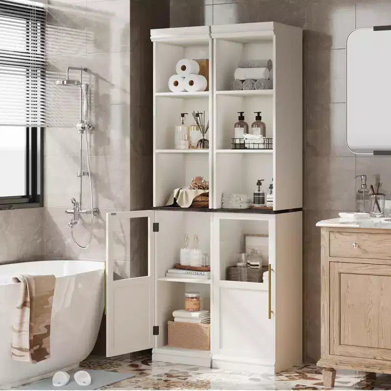 Tall Storage Cabinet with Glass Door, 70 Bathroom Storage Cabinet with Adjustable Shelves for Small Spaces